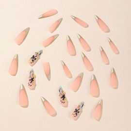 FIEONCIY Press on Nails Almond Shape-Glossy Full Cover Acrylic Gold French False Nails with Coconut Tree Designs Artificial Medium Almond Pointed Fake Nails Glue Nails Stick on Fingernails for Women
