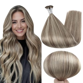 Full Shine I Tip Hair Extensions Real Human Hair Keratin Fusion Stick Hair Extensions 22 Inch Highlighted Ash Blonde Hair Extensions Color #8p60 Hair Extensions for Women 50 Strands