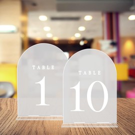 Números de mesa de boda acrílicos 1-10 con soporte, 5 x 7 pulgadas, arco esmerilado acrílico con soporte, letreros de números de mesa transparentes para centro de mesa de boda, decoración, fiesta, aniversario, evento