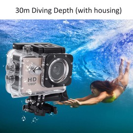 HD 1080P Sports Camera,30m Waterproof 140° Wide Angle Action Camcorder with 2in TFT LCD HD Screen,Single Shoot and Snapshoot Function(Gold)
