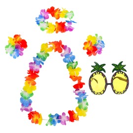 5 Pcs Hawaiian Garland Set, Hawaiian Fancy Dress, Hawaii Leis Garlands, Colorful Flower Necklaces, Pineapple Sunglasses, Themed Party Summer Beach Tropical Party Decorations, Beach Dance for Adults