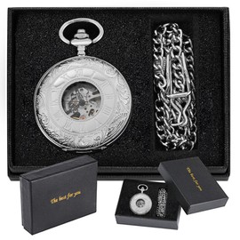 Tiong Men's Vintage Double Open Mechanical Pocket Watch Silver Roman Numeral Case Steampunk Pocket Watches with Chain for Men