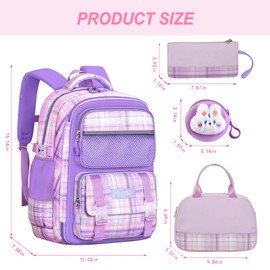 6Pcs Kawaii Backpack Set, Purple Bookbag Plaid Laptop Bag Water-Resistant Lightweight Daypack, Large Capacity School Bag Double Shoulder Backpack with Chest Strap (Purple)