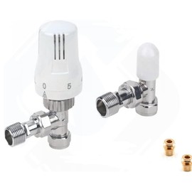 TRV Thermostatic Radiator Valve and Lockshield | 1/2inch X 15mm Radiator Valve Thermostatic | Angled Radiator Thermostat Valve Twinpack with 10mm Reducers- White