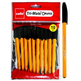 Cello Tri-Mate Orange Fancy Ballpoint Pens 1.0 mm Medium Point Biro Black Pens, Pack Of 10