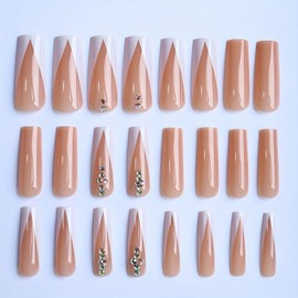 24 Pcs Press on Nails Long Fake Nails Square Shaped False Nails Rhinestone Design V-shaped French Tip Acrylic Nails Glossy Artificial Nail Art Full Cover Stick on Nails Kit for Women DIY Manicuare
