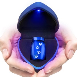 YIMSGO Small Pet Urns for Dog Ashes, Mini Cat Urn for Ashes Keepsake, Tiny Cremation Animal Human Memorial Necklace Loss of Dogs Cat Gifts, Pet Paw Print Urn - Heart Shaped Box with Blue Light