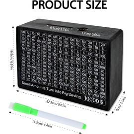Fidqiog 23×17×8 cm Money Saving Box, 10000 Piggy Bank for Adults and Kids with 8 Save Target Stickers, Wooden Coin Bank with Counter, Reusable Cash Vault Savings Box with 4 Marker Pens (Large)