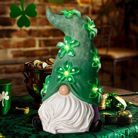 twinbling Solar Garden Outdoor Statues Gnome with Green Flower Lights, 11" Resin Lawn Decor, Gnomes Decorations for Yard, Patio, Home, Balcony - St Patricks Decorations for Outdoor Decor