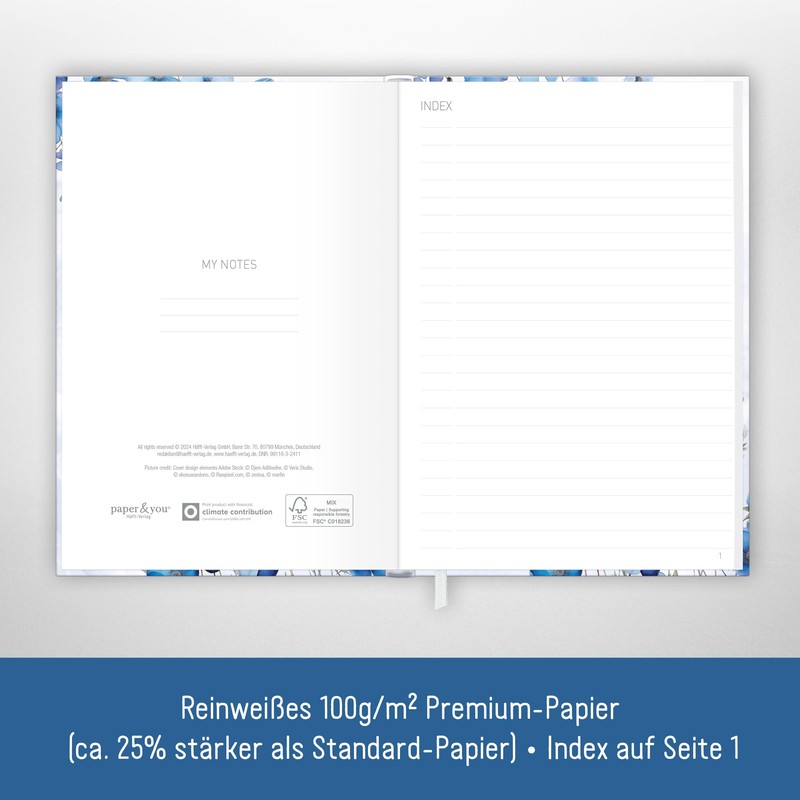 paper&you® Notebook A5+ Lined with Elastic Band "Blue Blossoms" 156