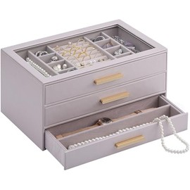 Lolalet Caja para Joyas, 3 Pisos de Estuche Organizador Guarda Porta Joyería Anillos Aretes Pulseras Collares -Morado