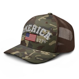 RIVEMUG NG Camo America USA Flag Embroidered Curved Bill Camouflage Trucker Hat Low Crown Adjustable American 4th of July Cap - Color: Camo/Brown, Specification: One size