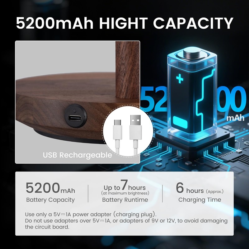 Vadifula Cordless Table Lamp, Rechargeable Wooden Table Lamp with Touch