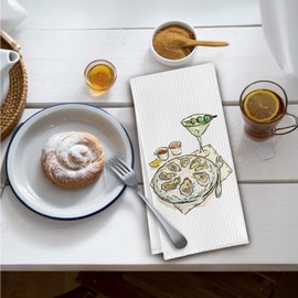 Elefeltclave Watercolor Coastal Beach Kitchen Towels, Martini Oyster Seafood Meal Decorative Dish Tea Towels, Nautical Beachy Hand Towels for Kitchen Dining Room Decor, 16x24 Inch