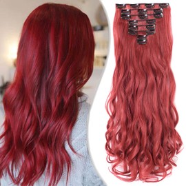 Curly Wavy Clip In Hair Extension Synthetic Matte Material 8 Pieces Clip In Hairpieces Fibre Set 24 Inch/60cm, 140g, Dark Red
