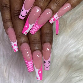 RikView Long Press on Nails - French Acrylic Coffin Nails, Clear Pink Glossy Finish