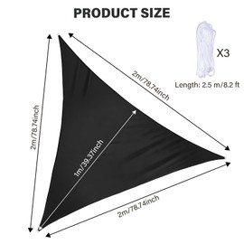 Triangle Sun Shade Sails, 2 x 2 x 2M Waterproof Sail Shade, Garden Canopy Awning, Sun Shade Cloth Patio Cover with 3 Fixed Ropes for Outdoor Patio Garden Backyard (Black)