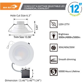 Run Bison 12 Inch Recessed LED Commercial Downlight with J-Box, Wattage Adjustable 30/40/50W,3 Color Selectable 3000K-5000K, 120-277V,0-10V Dimmable,IC Rated,Canless LED Downlight,ETL Listed-1PK