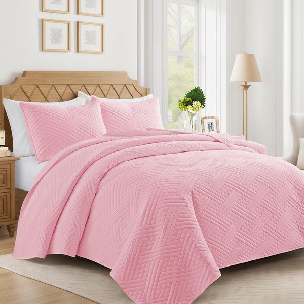 Lavsiry Pink Quilt Oversized California King Size with Striped Pattern,