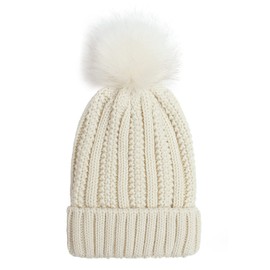 Women Knitted Beanie with Satin Lining Pom Pom Winter Warm Cap Bobble Hat (Beige)