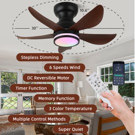 YYEHON Ceiling Fans with Lights and Remote Control, 30 inch Low Profile Flush Mount Ceiling Fan with 5 Reversible Blades Dimmable 3 Colors+ RGB Lights for Bedroom，Dining Room, Wood Color