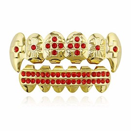 18K Gold Plated Hip Hop Grillz CZ Top and Bottom Grills for Your Teeth with Red Diamond