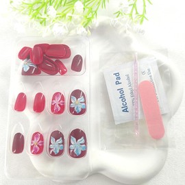 Short Press on Nails Round Fake Nails with 3D Flower Designs Glossy Glue on Nails Burgundy Nail Press ons Short Oval Cute Artificial Stick on Nails for Women 24Pcs