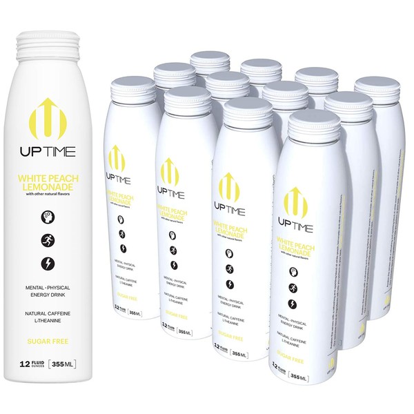 UPTIME – White Peach Lemonade – Sugar Free (12 Pack), Premium Energy Drink, 12oz Bottles, Natural Caffeine, Sparkling, Natural Flavors, 5 Calories