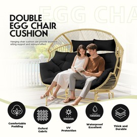 DANGHOOGY Outdoor Double Egg Chair Cushions, Waterproof Wicker Egg Chair Replacement Cushion, Thickened Hanging Chair Cushion, 65x47x7 Inches (Black)