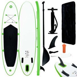 vidaXL Inflatable Stand-up Paddle Board Set - Adult-Sized, High-Pressure, Durable and UV-Resistant, Includes Oar, Removable Fin, Hand Pump, and Carry Bag, Green and White