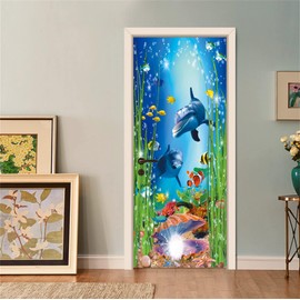 artfanke 3D Peel and Stick Door Sticker 30.3"x78.7"- Self-Adhesive Door Wallpaper Murals Decal-Dolphin Shell Undersea World Wall Poster for Home Decor (2 Sheets/Set)