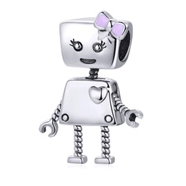Beads R Us ® - Heart Girl Robot Charm Bead made with Love, Sterling Silver and Pink Enamel Bow, Compatible with all European style Charm Bracelets and Necklaces