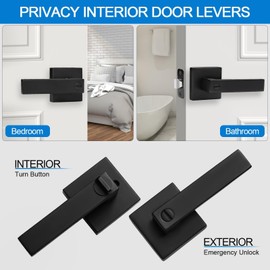 Hasmikit 2 Pack Matte Black Door Handles Privacy Door Levers, Heavy Duty Bed and Bath Door Locks Interior Door Knobs, Reversible Keyless Flat Levers with Square Rosette