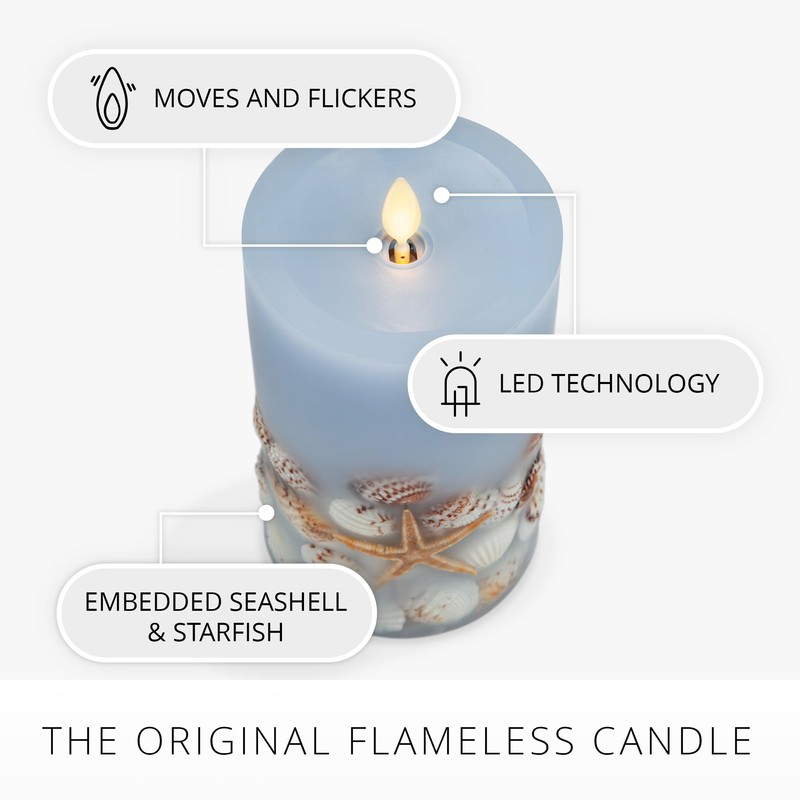 Luminara Flameless LED Candle Soft Chambray Embedded Seashell & Starfish
