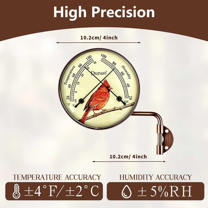 Dunuo 4" Outdoor Thermometer & Humidity Gauge, Brass Cardinal Dial