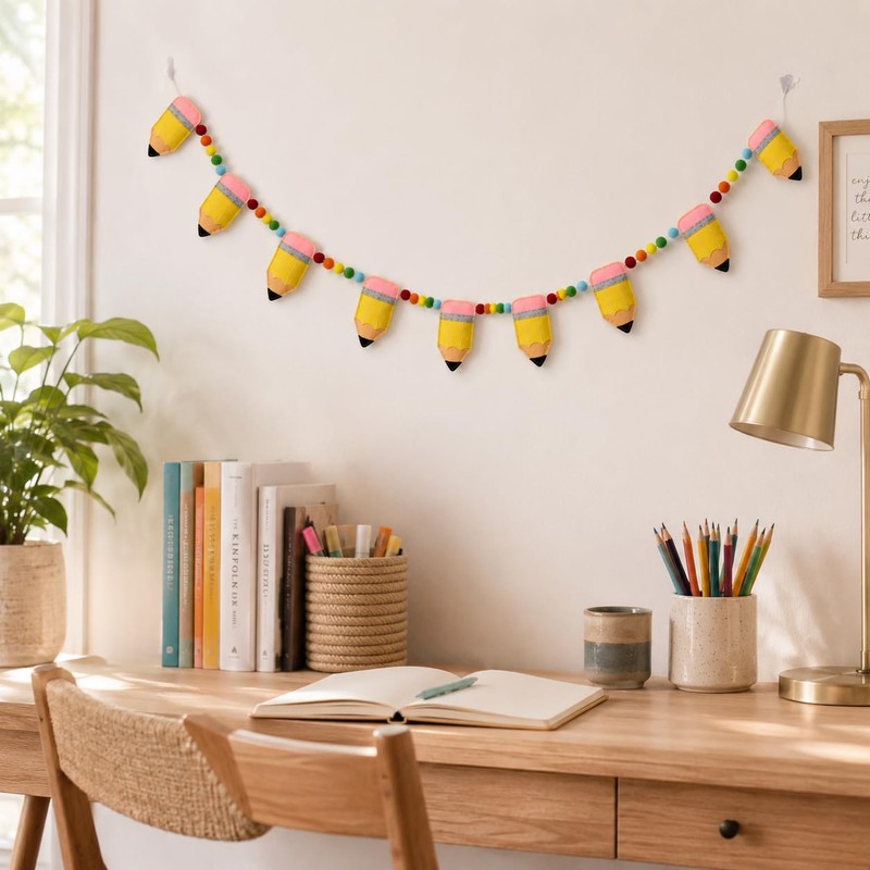 Back to School Classroom Garland Felt Pencil Pom Pom Hanging