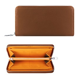HANATORA PFASA Genuine Leather Long Wallet, Shrink Leather, Zipper, Chuck, Zipper, Thin, Slim Card Case, Women's, Men's, Wallet, Passbook Bill Holder, Simple Wallet, Camel