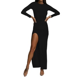 LYANER Women's Mock Neck Long Sleeve Slit Split Hem Cocktail Party Long Dress Solid Black Medium