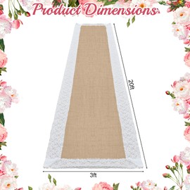 Hlimior Natural Burlap Wedding Runner Aisle for Wedding Ceremony Burlap Aisle Runner with Lace Jute Rustic Decorations Outdoor Beach Garden Church，3FTx20FT