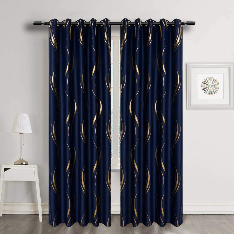 MYRU 1 Pair Navy Blackout Curtains for Bedroom, Luxury Striped