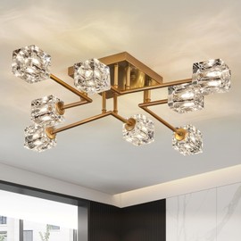 Qgiytp Vintage Gold Semi Flush Mount Ceiling Light 8-Light Glass Sputnik Chandeliers Mid Century Modern Crystal Ceiling Light Fixture for Living Room Dining Room Bedroom Kitchen Foyer