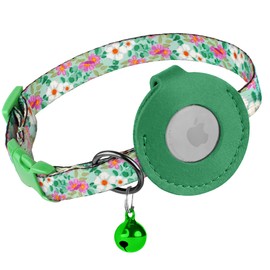 Airtag Cat Collar with Bell - Non Breakaway Soft Pet Collar with Leather Air Tag Holder - Adjustable GPS Anti-Lost Collars for Girl Boy Cats Kitten Puppies, Lightweight and Patterned (Floral Green)