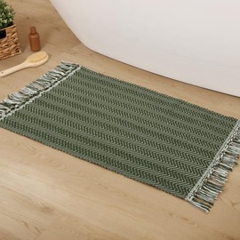 LEEVAN Washable Bathroom Rug, 2'x3' Green Woven Entryway Rug with Tassel Front Door Mat, Cotton Small Kitchen Rugs, Modern Reversible Laundry Room Farmhouse Carpet for Foyer Porch Decor
