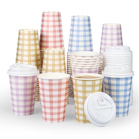 Houuqe 100 PACK 12OZ Disposable Coffee Cups with Lids, 4 Colors Disposable Plaid To Go Paper Coffee Cups Checkered Coffee Cup for Hot/Cold Drinks Beverage Chocolate Cocoa Office Home Shop (4 Colors)