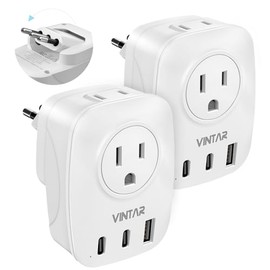 Paquete de 2 adaptadores de enchufe de viaje para Italia, VINTAR adaptador de corriente plegable para Italia con 2 tomas de corriente AC, 1 puerto USB y 2 puertos USB C, adaptador de enchufe de 3