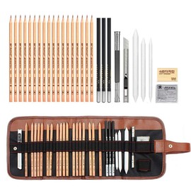 AIPLUX Sketching Pencil Set, 29 Piece Professional Sketching & Drawing Art Kit with Carrying Bag for Artist, Kids, Beginners - Includes Graphite Pencils, Charcoal Pencils, Paper Erasable Pen etc