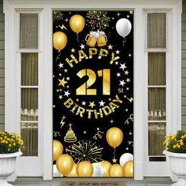 Vicycaty Happy 21st Birthday Decorations for Him Her, 21st Birthday Party Banner Backdrop Yard Sign Photo Props Door background Decor Supplies for Men Women, Black Gold Theme for Indoor Outdoor