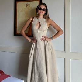 MEOKIM Women's Side Pleated Sleeveless Medium Length Linen Single Button Tight Corset Hollowed Out MIDI Dress (Khaki,Medium)