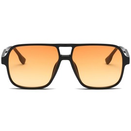 Long Keeper Retro Square Pilot Sunglasses for Women Men Oversize Retro Aviation Square Sunglasses Double Bridge Sun Glasses Vintage Shades UV400 (Black Frame - Orange Lens)