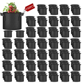 Kuchisity 150 Pack 5 Gallon Grow Bags Bulk, Heavy Duty Plant Grow Pots Nonwoven Plants Bag with Handles, Breathable Plant Growing Bags for Garden Fruit Vegetable Flower - 5 Gallon